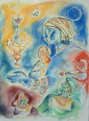 Shoshannah Brombacher, 'A Dutch Shabbos', 2003, original Pastel, 18 x 24  cm. Artwork description: 4518 The family is dressed in 17th century Dutch outfits and light a typical Dutch ceiling shabbos lamp....