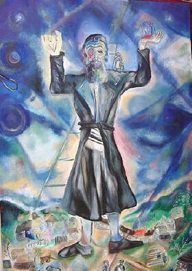 Shoshannah Brombacher, 'Between Heaven And Earth', 2004, original Painting Oil, 24 x 36  x 2 cm. Artwork description: 3138  This painting shows a Chassidic story:Rabbi Aaron of Karlin said that a Jew shoud stand firmly with his two feet on the ground and that his head should reach to heaven. Have the best of two worlds and be practical. Ask for my many illustrated Chassid ...