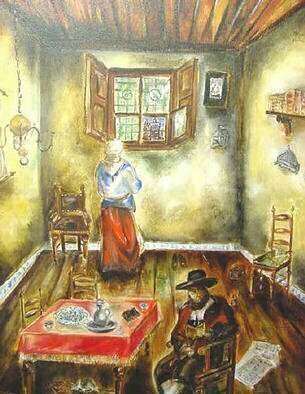 Shoshannah Brombacher, 'Shabbos Afternoon', 1995, original Painting Oil, 16 x 20  cm. Artwork description: 3483 I have several paintings in the historic 17th century style of my native Holland ( I paint them when I am homesick) . This one shows a quiet shabbos afternoon in a typical Amsterdam house. The Rabbi is reading the Gazetta de Amsterdam, which was published first in 1675. ...