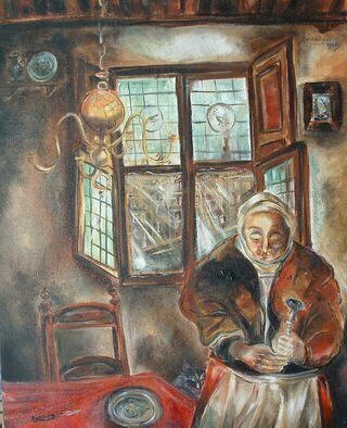 Shoshannah Brombacher, 'Woman With Pear', 1996, original Painting Oil, 16 x 20  x 2 cm. Artwork description: 3138  This is a woman in a 17th century interior in my native Holland. ...