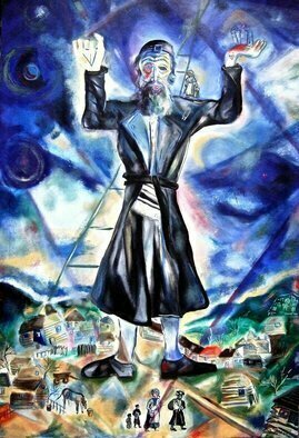 Shoshannah Brombacher; Between Heaven And Earth, 2000, Original Painting Oil, 24 x 36 inches. Artwork description: 241 Said the Karliner RebbeA Jew should be like the ladder of Jacob, with his head in Heaven and his feet firmly planted on the ground.  In other words, a Jew should study Torah and think of spiritual things while taking care of his livelihood, business and family, ...
