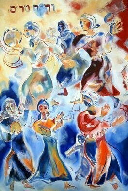 J. Brombacher; Miriam Dancing, 1997, Original Painting Oil, 24 x 36 inches. Artwork description: 241 This is one of my paintings bout Biblical women.  Miriam, Mosessister, took her tambourine after the Jews got safely on dry land and escaped Pharaoh s heir, and sang an song of praise.  All the Jewish women sang and danced with her. ...