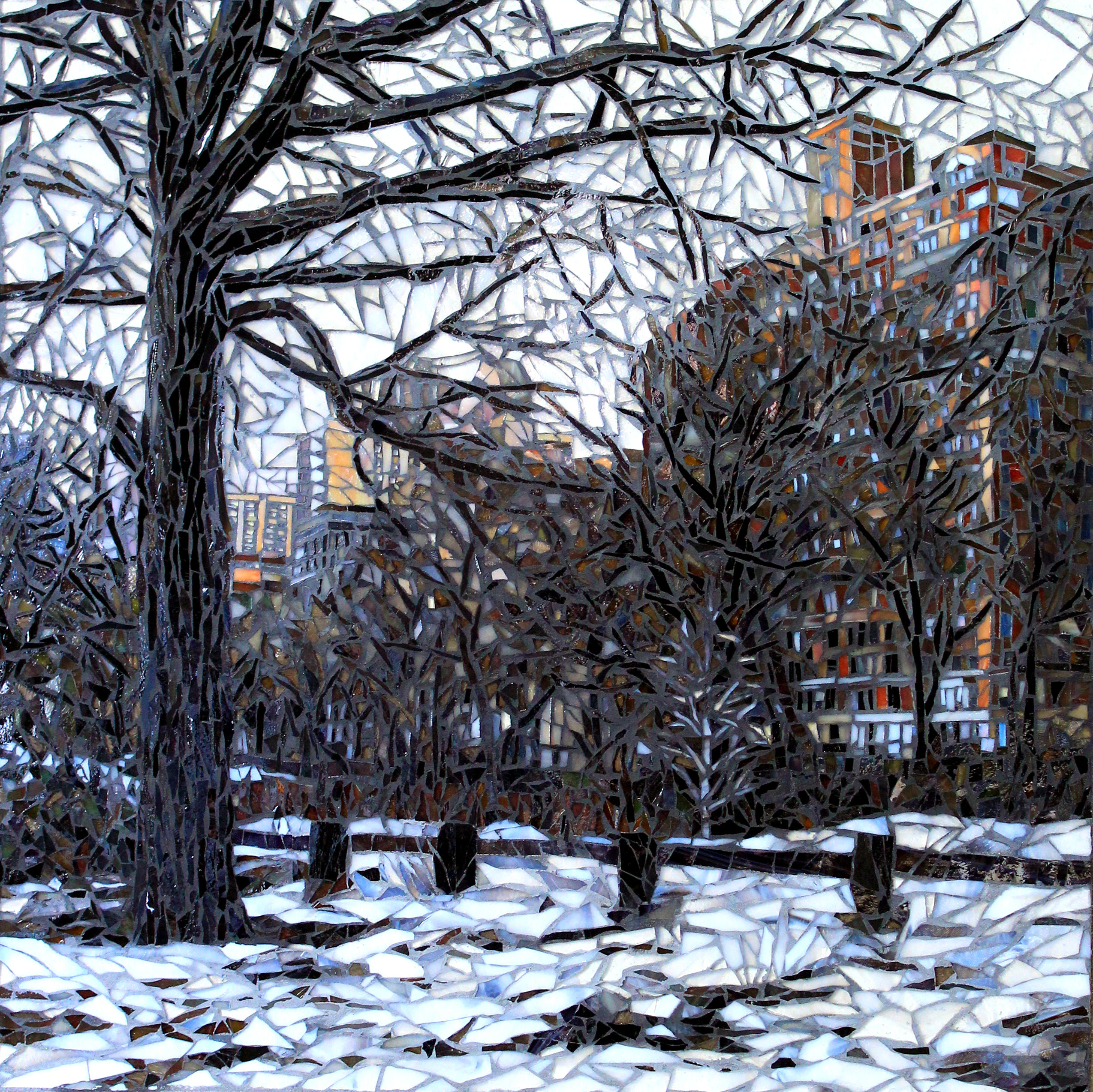 Sandra Bryant; Central Park, 2019, Original Mosaic, 20 x 20 inches. Artwork description: 241 A view of the trees in winter Central Park.  Fine art mosaic by Showcase Mosaics...