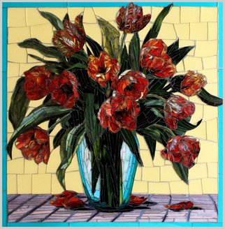 Sandra Bryant; Joy Of Tulips, 2020, Original Mosaic, 24 x 24 inches. Artwork description: 241 Stained glass mosaic inspired by a beautiful vase of parrot tulips in an aqua vessel. ...