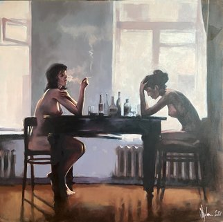 Igor Shulman; Morning Revelations, 2022, Original Painting Oil, 39.4 x 39.4 inches. Artwork description: 241 Tell me that never happened to you.I m not referring to the sex and costumes of the characters. It is, of course, a metaphor for revelation. I mean the atmosphere of endless conversation with your soul mate. When it seems that every word you say flies ...