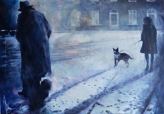 Igor Shulman, 'Night From Thursday To Friday', 2019, original Painting Oil, 39.4 x 27.4  x 2 inches. Artwork description: 4173 If you have a dog and you live in a big city, then this picture will remind you of many things. Who just can not meet at night walk. Sometimes people come across quite nice ones. Sometimes very scary. and even better not to walk down the ...