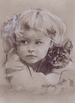 Sid Weaver; Girl And Kitten, 2014, Original Drawing Pencil, 9 x 12 inches. Artwork description: 241  This is a soft pencil, charcoal, and chalk drawing on toned paper.  It has an archival fixative applied ...