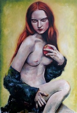 Tatiana Siedlova; Eva I Ve A Secret, 2017, Original Painting Oil, 70 x 100 cm. Artwork description: 241  red, secret, temptation, yellow, adam, Eva, dark blue, enticement, apple, green...
