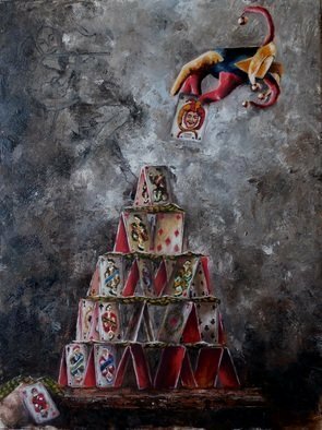 Tatiana Siedlova; Series Fortune Fortuna, 2017, Original Painting Oil, 70 x 100 cm. Artwork description: 241 I I+-I1/2I+-I3I1I%0I,,I* I, I'I>> IuI3/4I1I? I :   Excellent symbolic picture depicting with great technique the uncertainty and fragile balance of luck. Brilliant share. Keywords: red, black, blue, braun, game card table, games, haze, joker...
