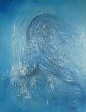 Anna Balashova; Tears, 2012, Original Painting Oil, 70 x 90 cm. Artwork description: 241  Expressionism, self- portrait, tears, girl, hair, rain, spray, sad, blue, cyan, wind   ...