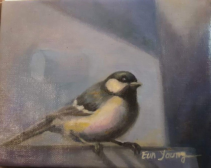 Eun Yun; Bring Good News, 2020, Original Painting Oil, 8 x 7 inches. Artwork description: 241 There were times when I was tired of everything.  Then I was waiting for some good news to come.  There is a saying that magpies come from the past with good news.  I painted my mind with magpie. ...