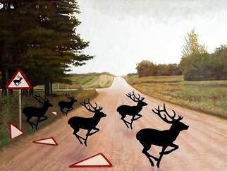 Steven Lynch; Escape The Rut, 2010, Original Painting Oil, 48 x 36 inches. Artwork description: 241  After spending too much of their lives trapped inside a red triangle going nowhere the stags finally puck up the courage to escape and roam free. . ...