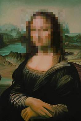 Steven Lynch; Identity Theft, 2010, Original Painting Oil, 20 x 30 inches. Artwork description: 241  	Mona Lisa with a pixellated face. Slavishly reproduced old master but then the image destroyed by the face having been stolen by individually painted pixels, but if you stand back the face reappears with as much clarity as the rest. An allegory for something but I don& # ...