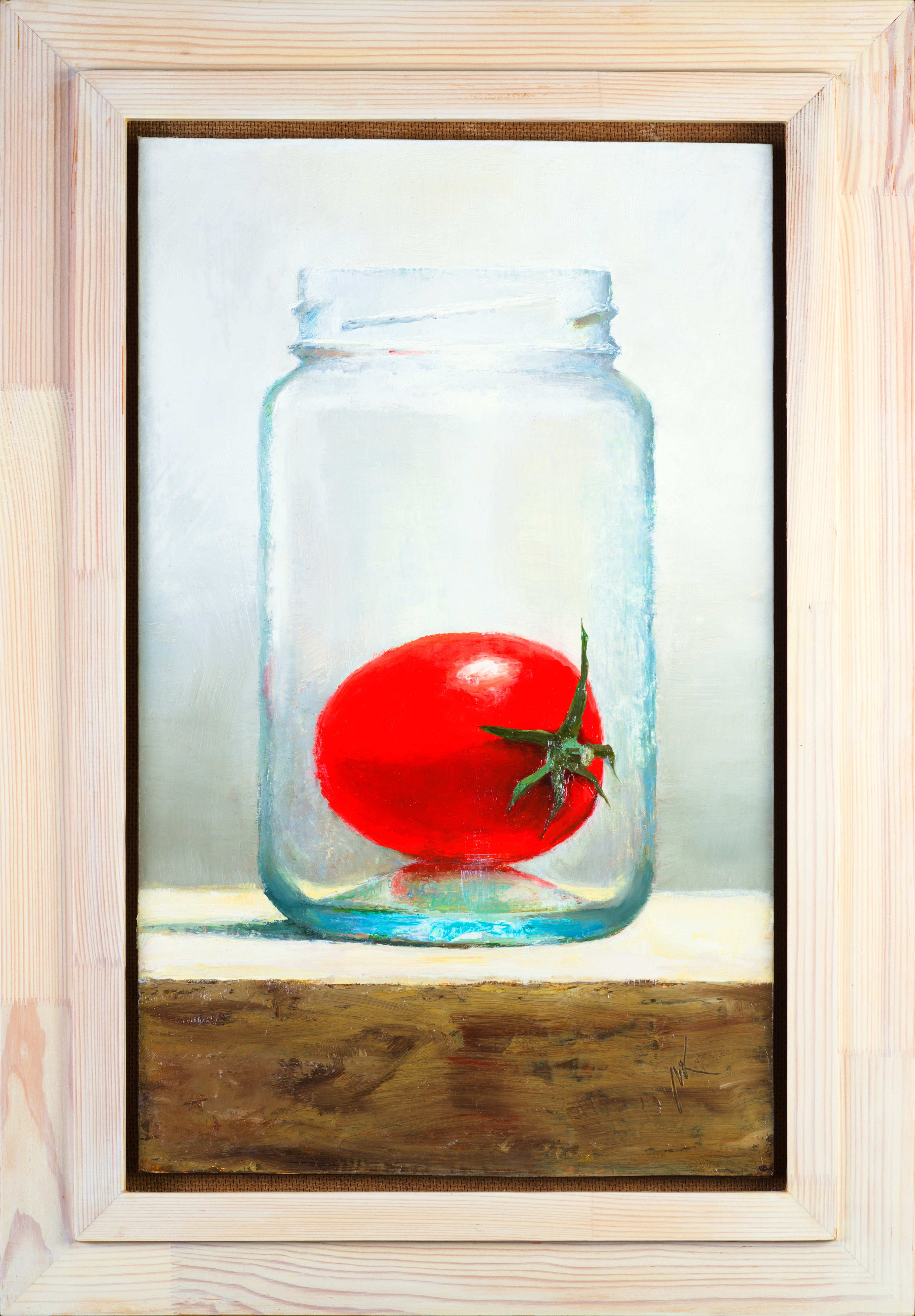Mikhail Velavok; A Jar, 2018, Original Painting Oil, 24 x 40 cm. Artwork description: 241 Original oil painting on primed hardboard.  The artwork is being sold framed in natural light wood grain float frame 51x35,5cm.  Dimensions of artwork without the frame are 40x24,5cm.  It is wired and ready for hanging.  tomato, jar, object, still life, original oil painting, glass, transparent, ...