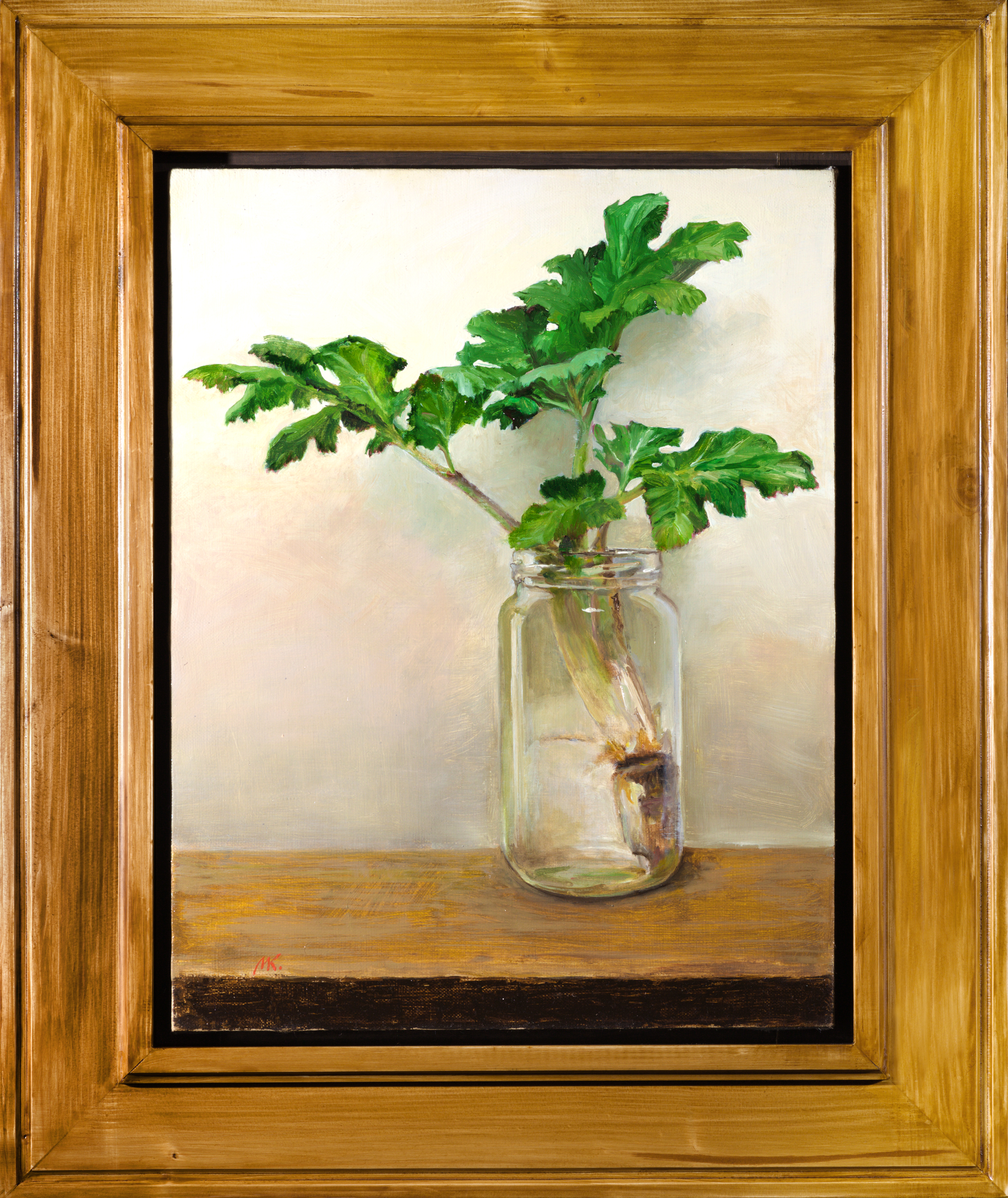 Mikhail Velavok; A Plant, 2017, Original Painting Oil, 35 x 45 cm. Artwork description: 241 Original oil painting on stretched canvas.  The artwork is being sold framed in natural light wood grain floating frame 63x53cm.  Artwork without frame has dimensions 45x35cm.  It is wired and ready for hanging.hogweed, still life, jar, glass, plant, leaf, green, yellow, brown, framed, wired, ready to ...