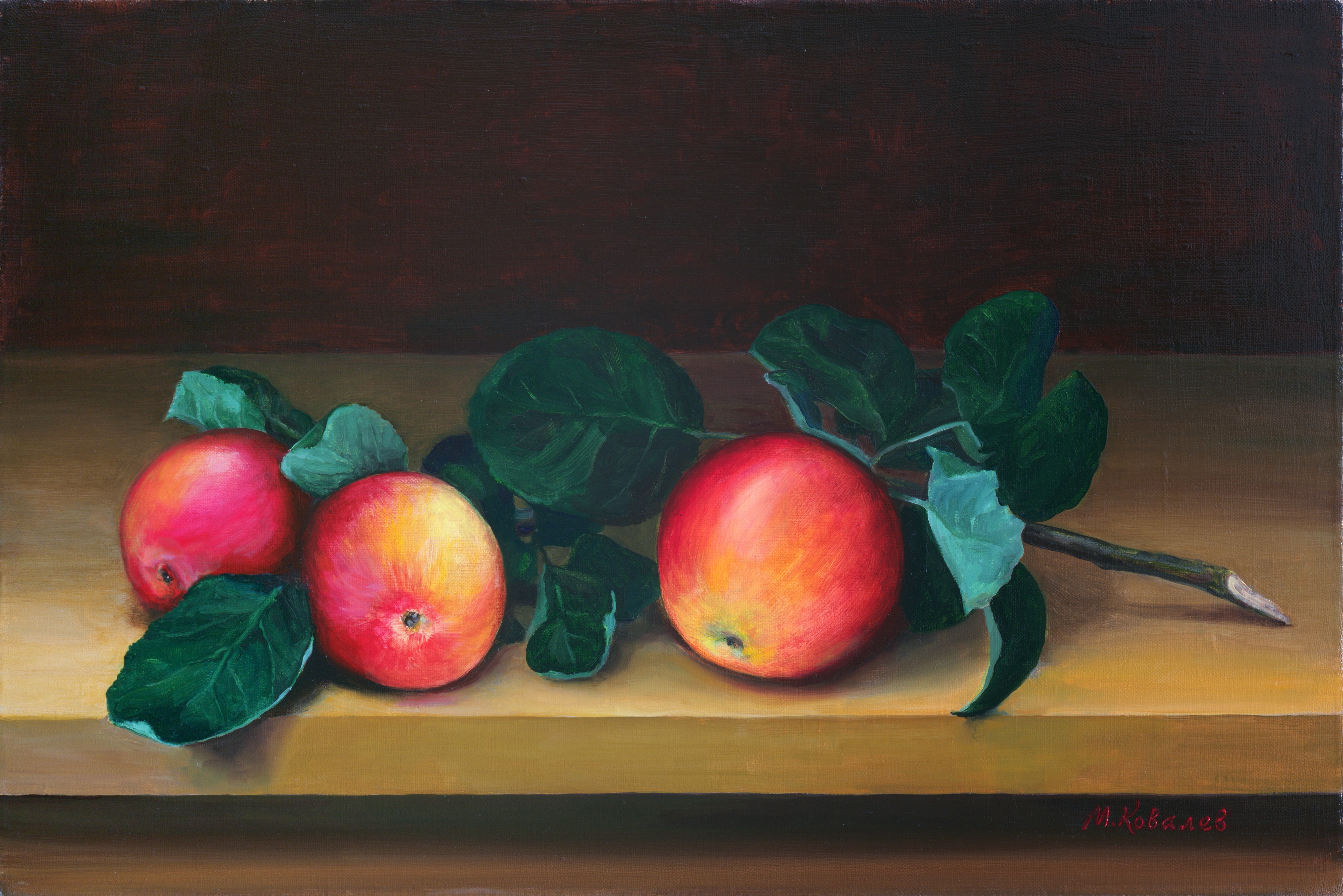 Mikhail Velavok; Apple Branch, 2016, Original Painting Oil, 24 x 16 inches. Artwork description: 241  apple, branch, leaf, still life, red, green, dark, three...