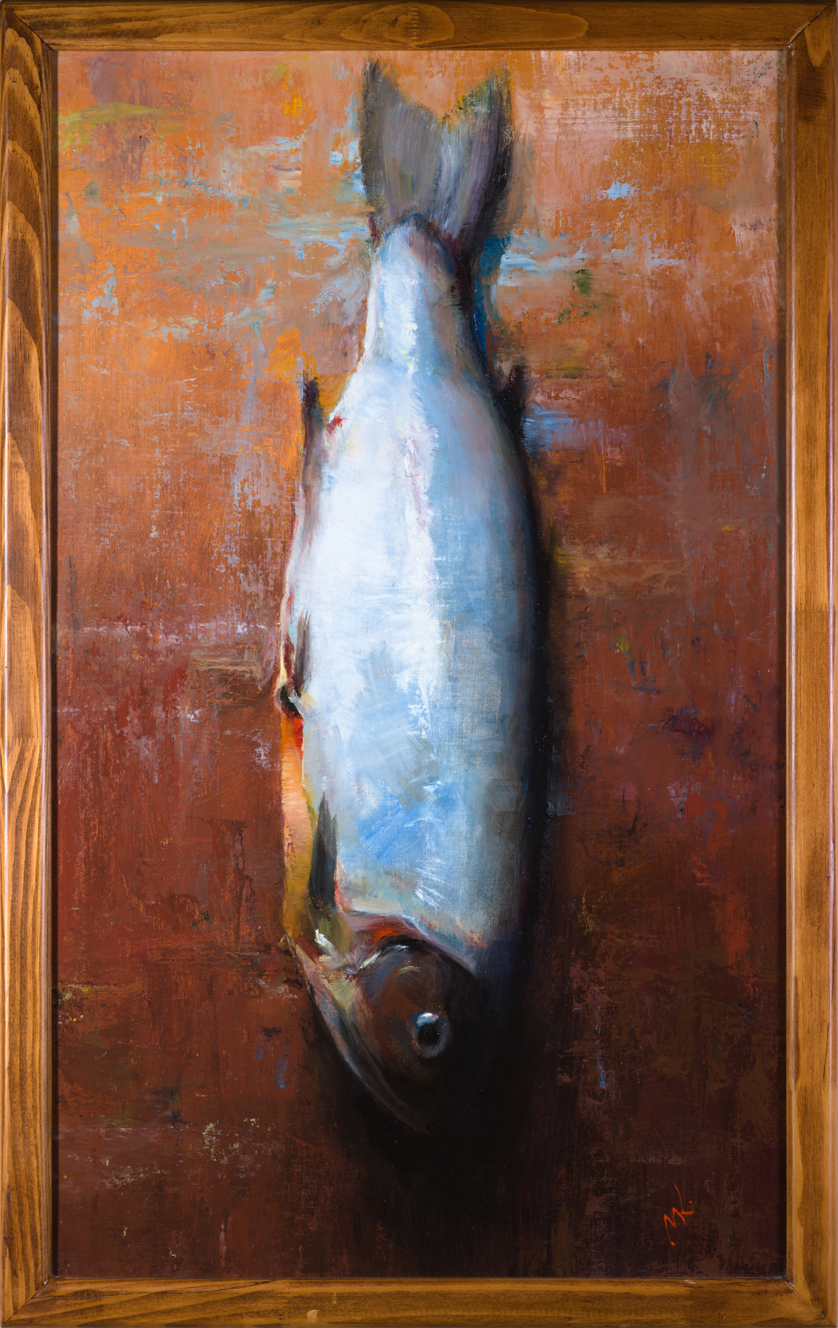 Mikhail Velavok; Sad Salty Fish, 2019, Original Painting Oil, 30 x 49 cm. Artwork description: 241 Original oil painting on canvas glued on cardboard.  The artwork is being sold framed in natural light wood frame 51. 5x32. 5cm.  Dimensions of artwork without a frame are 49x30cm.  It is wired and ready for hanging.  fish, salty fish, dried fish, dead fish, object, still life, ...