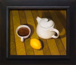 Mikhail Velavok; Tea And Lemon Comp5, 2021, Original Painting Oil, 44 x 35 cm. Artwork description: 241 Original oil painting on canvas.  The artwork is being sold framed in natural light wood grain float frame 59. 5x50. 5cm.  Artwork without frame has dimensions 44. 0x35. 0cm.  It is wired and ready for hanging. ...
