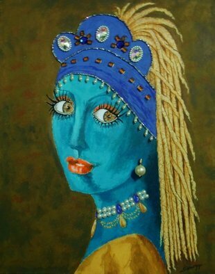 Jayne Somogy; Bellydancer W A Pearl Earring, 2016, Original Mixed Media, 16 x 20 inches. Artwork description: 241 Belly Dancer with a Pearl Earring- - My version of Vermeers classic painting, Girl with a Pearl Earring - - done as a belly dancer, by a belly dancer.  Loaded with Swarovski crystals, beads and pearls and, of course, a real pearl earring, all securely sewn onto the canvas.  Many ...