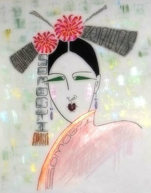 Jayne Somogy; China Doll, 2019, Original Mixed Media, 11 x 14 inches. Artwork description: 241 Modern, minimalist portrait of a Chinese woman.  Can you find the artist signature- - look closely.Watercolor, metallic acrylics, ink colored pencil on paper.To see all my work- - www.  Jayne- Somogy.  pixels.  com...