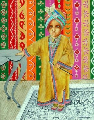 Jayne Somogy; Mini Maharajah, 2017, Original Painting Acrylic, 11 x 14 inches. Artwork description: 241 This is a portrait of Maharajah Kishan Singh, 1899- 1929, from Rajastan, India in 1902 at age 3.  He became maharajah at one year of age, with his mother acting as regent until he came of age at 18.  He was married at 14 and had 7 ...
