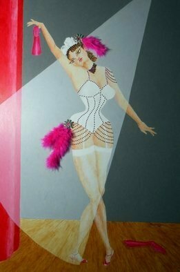 Jayne Somogy; Spotlight On Gypsy, 2019, Original Mixed Media, 24 x 36 inches. Artwork description: 241 This is no.  5 in my Famous Flirts series and depicts Gypsy Rose Lee, 1911- 1970, arguably the worlds most famous burlesque striptease artist, with her performances always emphasizing the tease and less on the strip.  She was the subject of the very famous Broadway musical Gypsy, ...
