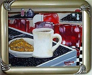 Sophia Stucki; American Pie, 2002, Original Painting Acrylic, 10 x 8 inches. Artwork description: 241  American Pie is in a 50s diner framed and ready to hang , coffee, apple pie old diner, Retro...