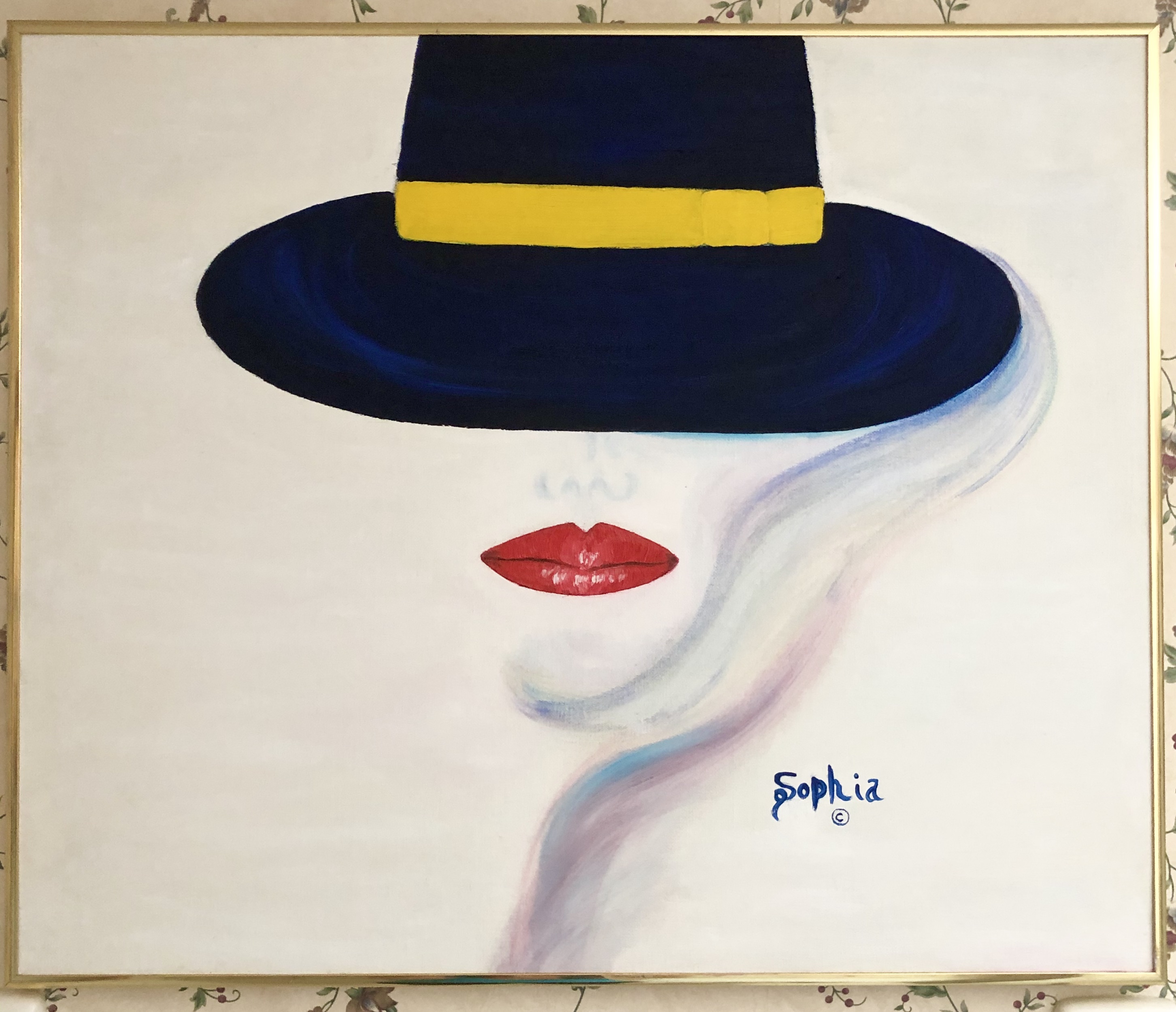 Sophia Stucki; Lady In Blue, 2020, Original Painting Oil, 20 x 24 inches. Artwork description: 241 Oil, Blue Hat, Red Lips, framed, silhouette...