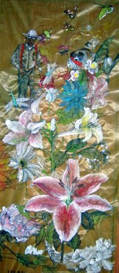 Debbi Chan, 'bob in his garden', 2009, original Watercolor, 10 x 24  inches. Artwork description: 104475   if you like color, this one's for you. the color of the silk provides a perfect background forthe vibrant colored flowers. watercolor on silk.    ...