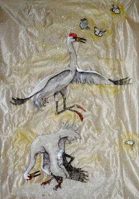 Debbi Chan, 'cranes  dance to mate', 2012, original Watercolor, 11 x 16  inches. Artwork description: 64875    i started out to do only a bird  on this watercolor/ ink on silk.  but i got another idea.  ...