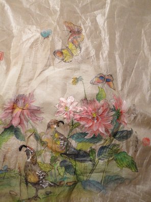 Debbi Chan, 'garden in the city embroidered', 2010, original Fiber, 12 x 16.5  inches. Artwork description: 98535  this is a real beauty . i have such joy just embroidering it. . it will be a piece worth owning. it is a watercolor on silk that is being embroidered partially using the 