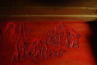 Debbi Chan, 'market day in red', 2009, original Furniture, 29 x 36  x 18 inches. Artwork description: 112395  i love this red bench and what a story it tells.  this deep relief carving is carved on cedar. ...