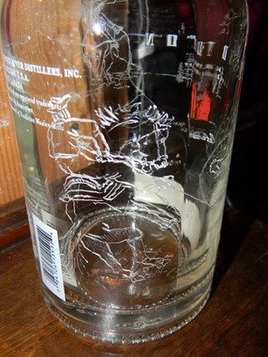 Debbi Chan, 'trouble on the drive', 2011, original Glass, 9 x 14  inches. Artwork description: 67251   this piece is engraved on a  pendleton bottle using with a high powered carving tool. ...