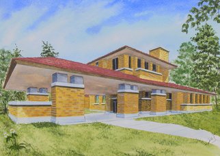 Mark Spitz; Frank Lloyd Wright Home, 2017, Original Watercolor, 15 x 11 inches. Artwork description: 241 Painting of a historic Frank Lloyd Wright home located in Kansas ...