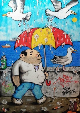 Ross Hendrick; Seaside Stroll, 2020, Original Painting Acrylic, 42 x 59.5 cm. Artwork description: 241 The umbrella can come in useful in the summer when there are lots of seagulls around.  A painting on canvas featuring one of my cartoon characters who has had different reincarnations over the years.  He was originally called Couch Potato in my early comic strips.  Inspirations are ...