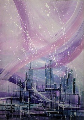 Svetlana Sokolova; Purple Twilight City 17 3938, 2021, Original Painting, 42 x 59.4 cm. Artwork description: 241 The last rays of the setting sun paint the buildings and streets of the city in purple tones.  There is very little time left before the lights are turned on, and at these minutes the city seems very vulnerable and defenseless.  Acrylic, ink onBruno Viscontipaper290 g mSize ...