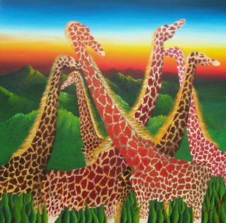 Massimiliano Stanco; Nairobi, 2008, Original Painting Oil, 40 x 40 inches. Artwork description: 241  Surrealist giraffes together ...