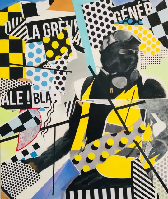 Steve Doan; Saturday Yellow Fever, 2019, Original Collage, 45 x 54 cm. Artwork description: 241 LIVING IN FRANCE WE LIVED WITH THEGILET JAUNEPROTEST FOR 6 MONTHS.  THIS IS A VEIW FROM OUR CORNER.  WE WERE GASED THREE TIMES DURING THESE PROTESTS. ...