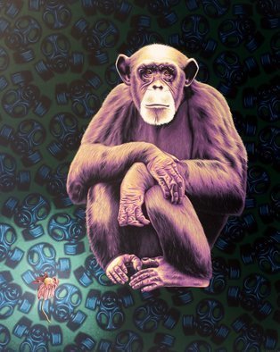 Stephen Hall; Ape Anyone Protecting The..., 2017, Original Painting Acrylic, 4 x 7.2 inches. Artwork description: 241 While becoming more and more fearful for our environment due to statements and actions of the current President of the United States, I painted a non- too subtle pleaaEUR|. .  Chimpanzee in a jungle of gas masks beside a dying flower. ...
