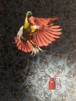 Stephen Hall, 'Paradise Lost  SOLD', 2017, original Painting Acrylic, 3 x 4  x 2 inches. Artwork description: 1911 This painting was conceived with the idea of this exotic bird flying away from a sea of garbage and oil related pollutionaEUR|.  No need for other interpretations.  Our world is in crisis. ...
