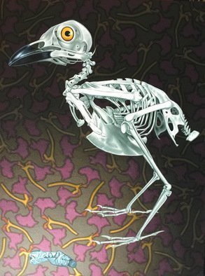 Stephen Hall, 'Restricted Diet', 2016, original Painting Acrylic, 32 x 24  x 2 inches. Artwork description: 1911   Motorbike, Yamaha SR500, Rooster, Molecules, Straight Edge Razor        This painting has an ecological plea to it. The skeletal bird, the plastic bottle with ribbing echoes the ribs of the bird and the background of dying flowers.All in all a concern for our planet. Had I omitted ...