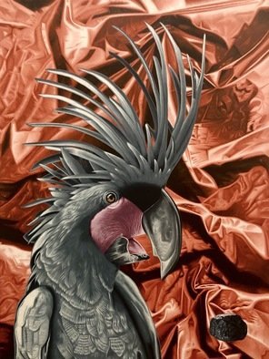 Stephen Hall; Aak Fossil Fuel, 2021, Original Painting Acrylic, 3 x 4 inches. Artwork description: 241 With a backdrop of blood red plastic, the Black Palm Cockatoo squawks at the idea of still using fossil fuel.  ...