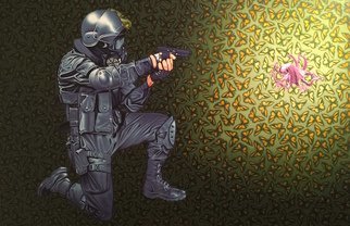 Stephen Hall; Crowd Control, 2016, Original Painting Acrylic, 6 x 4 inches. Artwork description: 241 aEURoeThis painting had specific intent. After a year or more of being bombarded in the news with images of a very militarized police force continually shooting unarmed people in this country, Iwanted to place such a policeman in a sea of beautiful nature shooting an octopus. ...
