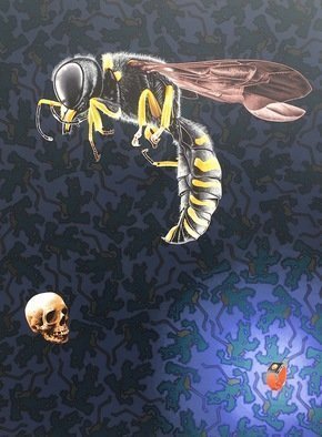 Stephen Hall; Times Up, 2017, Original Painting Acrylic, 46 x 60 inches. Artwork description: 241 Is again my thoughts on manaEURtms impact on the environment, what with global decimation of multiple insect species as well as flora and fauna.  If we donaEURtmt do something, timeaEURtms up for us too. I added the Apple watch with the cheeky emoji as ...