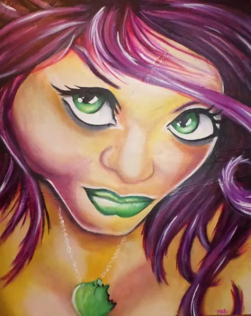 Steve Meyerholz; Green Eyes, 2019, Original Painting Acrylic, 24 x 30 inches. Artwork description: 241 GREEN- EYES is a sexy pin- up chic whoaEURtms eyes and lips are green and she is wearing a necklace with a green pendent. Her hair is dark purple with light purple, white and black streaks though it. The name of this painting, GREEN- EYES, came ...