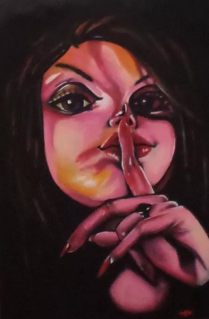 Steve Meyerholz; Shhh, 2018, Original Painting Acrylic, 24 x 36 inches. Artwork description: 241 My inspiration for this painting was Joe Capobianco, a well known painter and tattoo artist. He does the best pin- up and vampire paintings and tattooaEURtms, and other unique stuff. I look at his work from time- to- time online and for some reason I came ...