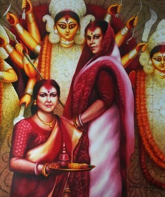 Sudipta Karmakar; Durga Series 10, 2018, Original Watercolor, 18 x 22 inches. Artwork description: 241 bengali festival sindoor daan where married women present sindoor to goddess durga. ...