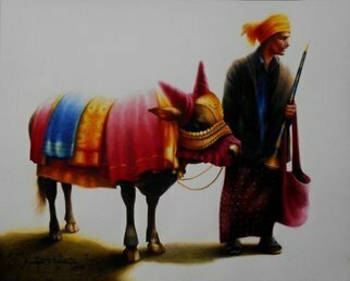 Sudipta Karmakar; Hyderabad Festival 2, 2018, Original Watercolor, 23 x 18 inches. Artwork description: 241 a decorative cow with her master in hydrabad festival of India. ...