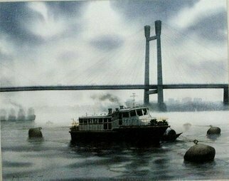 Sudipta Karmakar; Kolkata Series 15, 2009, Original Watercolor, 27 x 22 inches. Artwork description: 241 some boats in front of 2nd bridge of kolkata. ...
