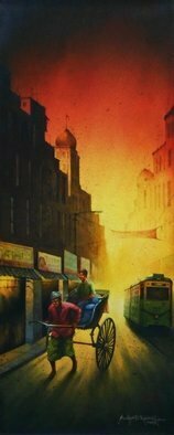 Sudipta Karmakar; Kolkata Series 41, 2021, Original Watercolor, 9 x 23 inches. Artwork description: 241 street of kolkata with hand rikshaw and tram...